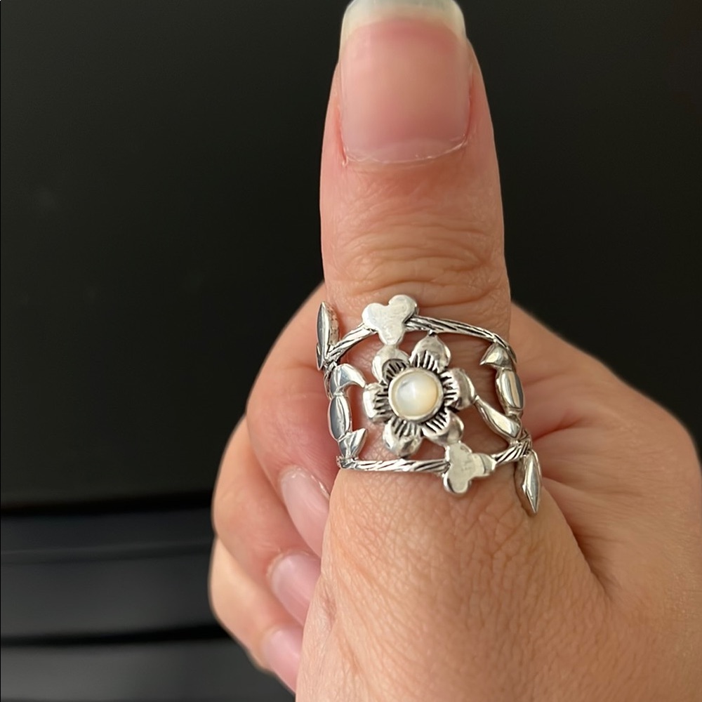 Silver Floral Ring with Pearl Accent